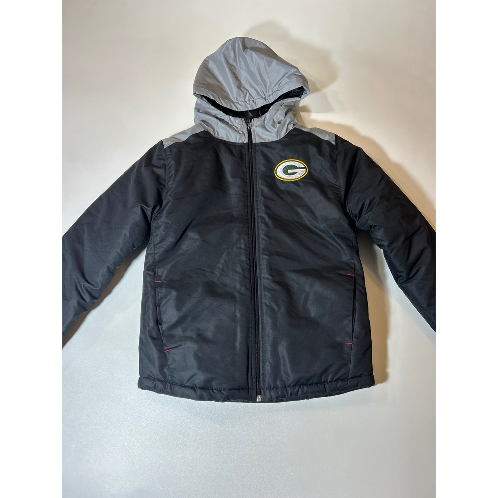 NFL Team Apparel Puffer Jacket Boys Large 10/12 Black Green Bay Packers Hooded